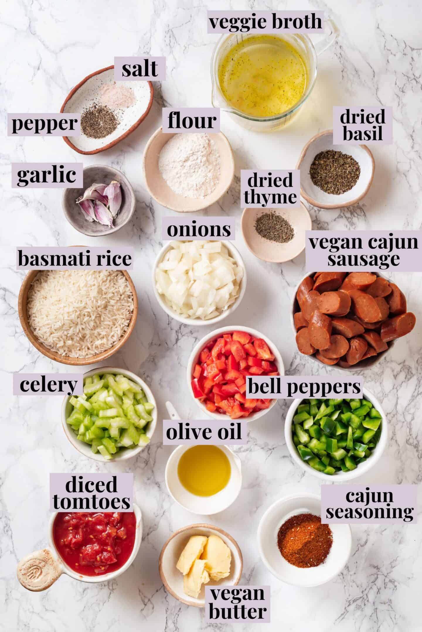 Overhead view of ingredients for vegan jambalaya with labels