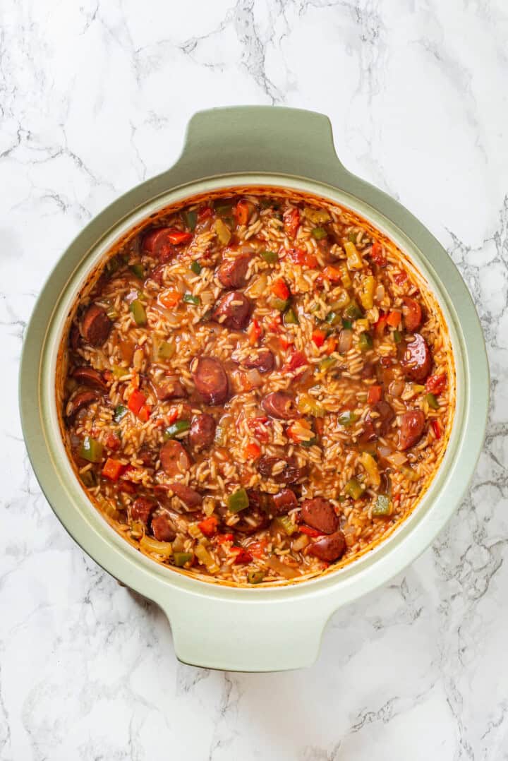 Overhead view of vegan jambalaya in skillet