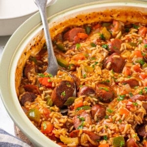 Spoonful of vegan jambalaya in skillet