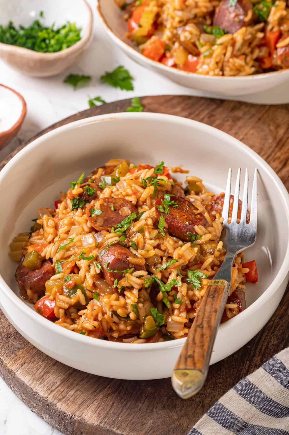 Bowl of vegan jambalaya with fork