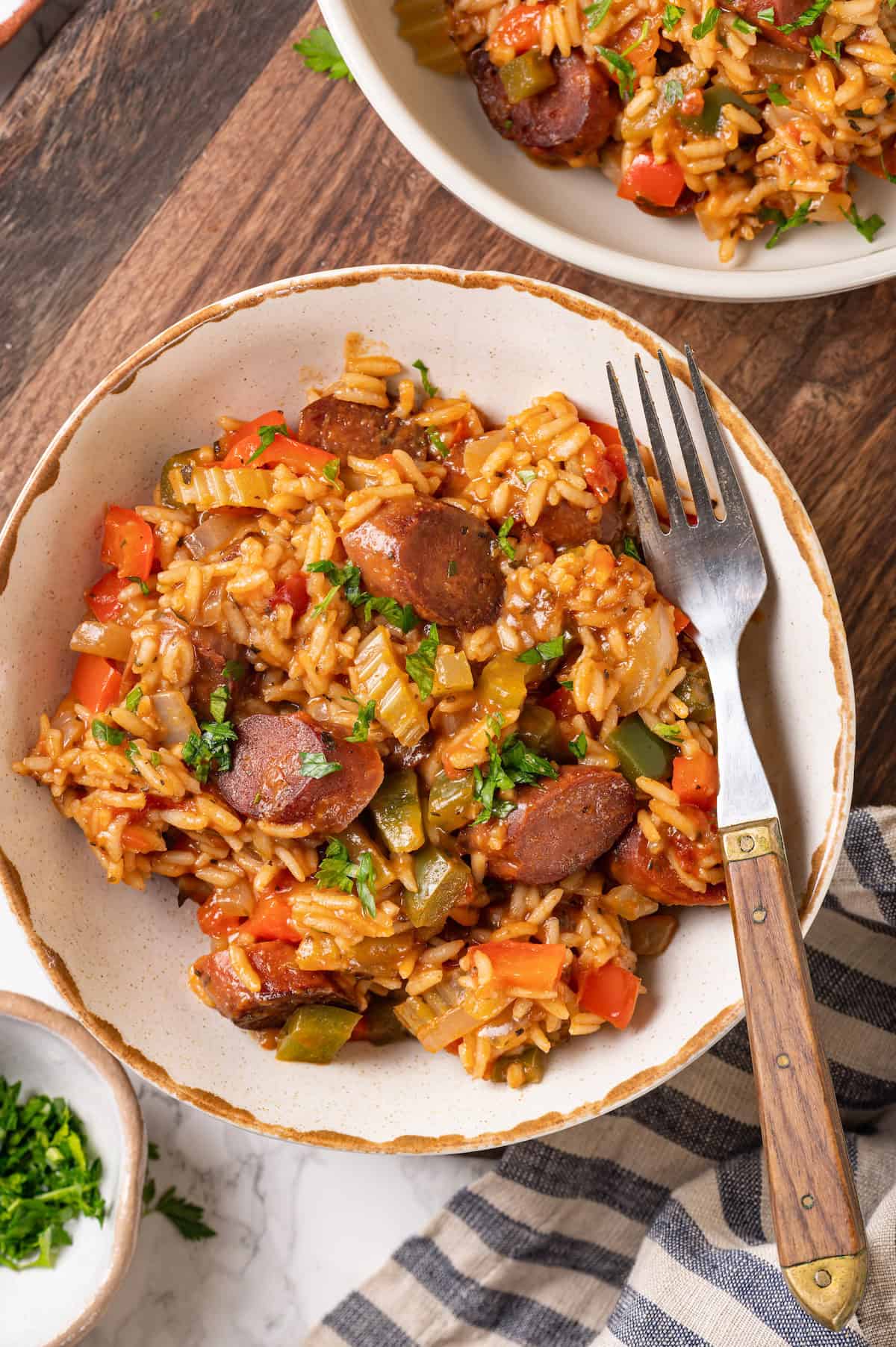 Overhead view of vegan jambalaya in bowl