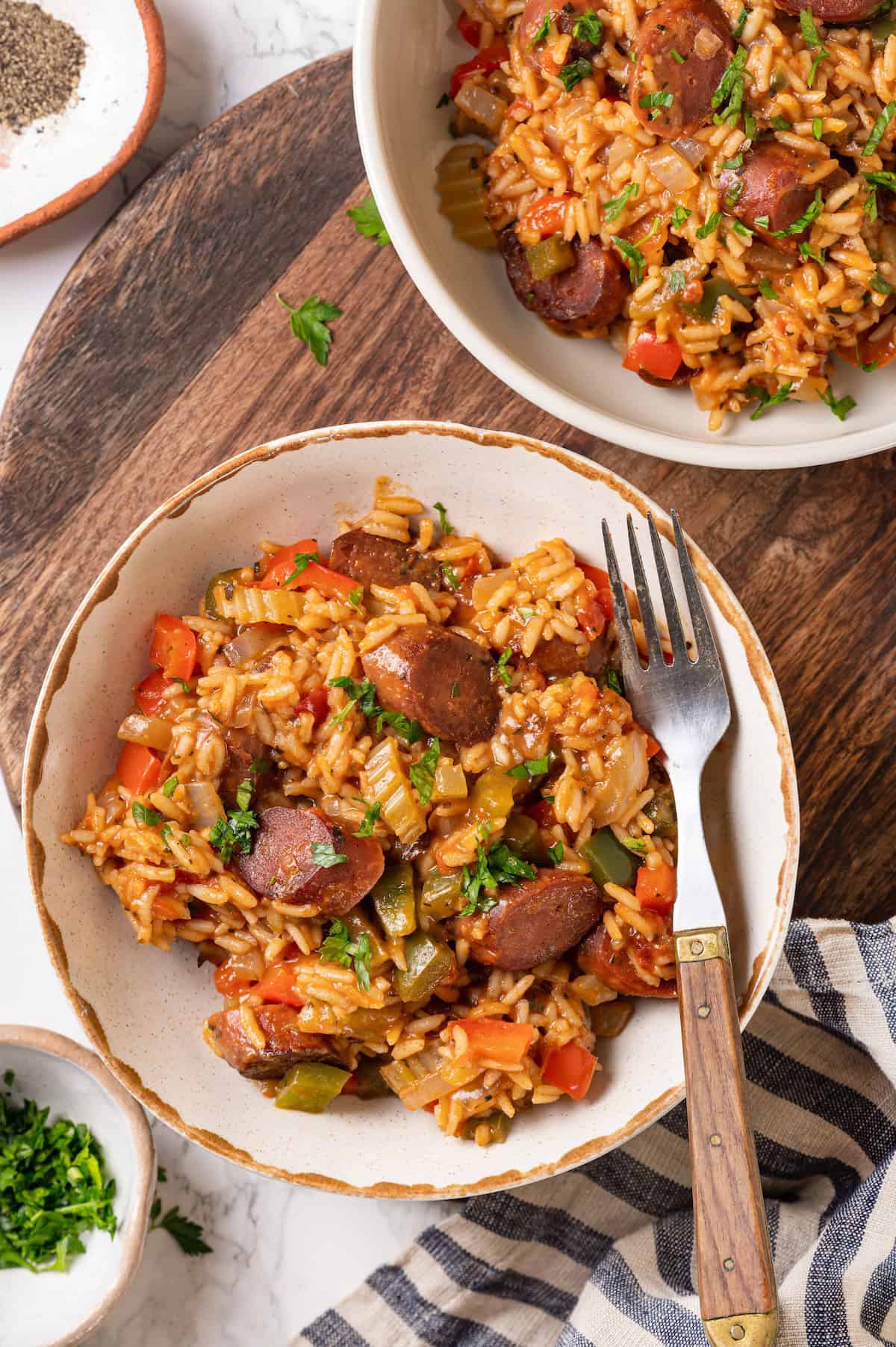 Overhead view of vegan jambalaya in two bowls