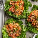Overhead view of walnut meat lettuce wraps on sheet pan