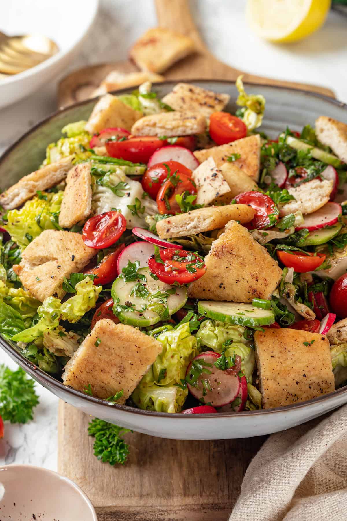 Serving bowl of fattoush salad