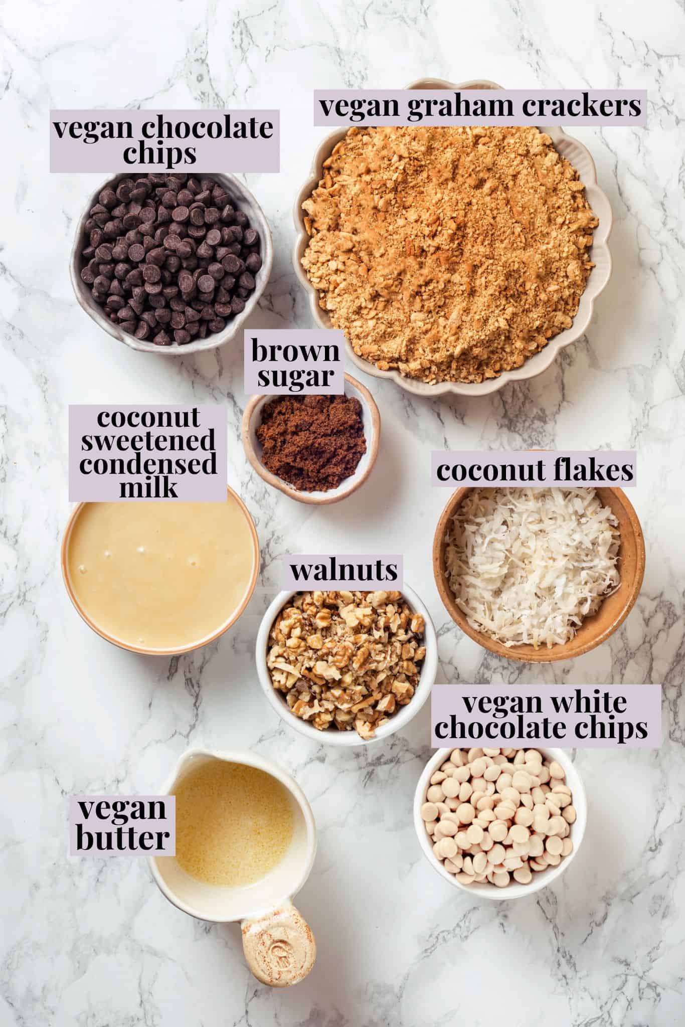 Overhead view of ingredients for seven layer bars with labels