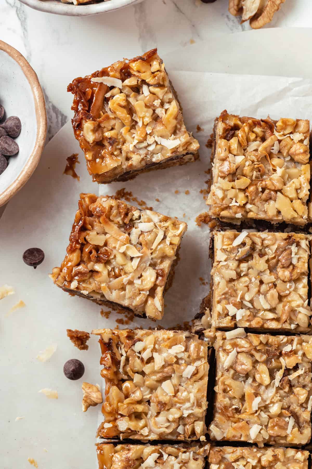 Overhead view of vegan seven layer bars on countertop