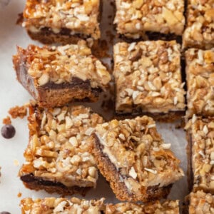 Cut seven layer bars on countertop