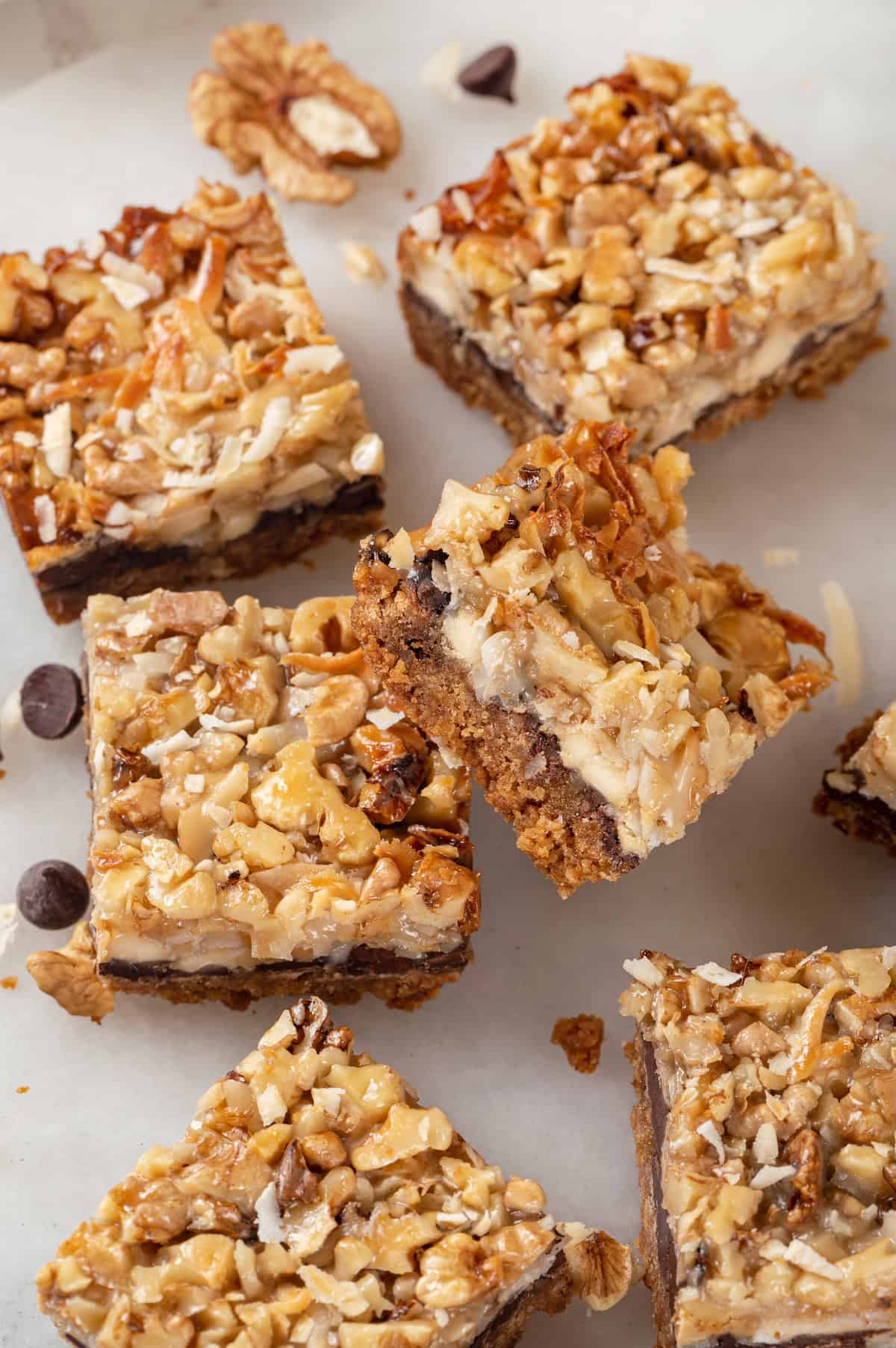 Top-down view of seven layer bars on countertop