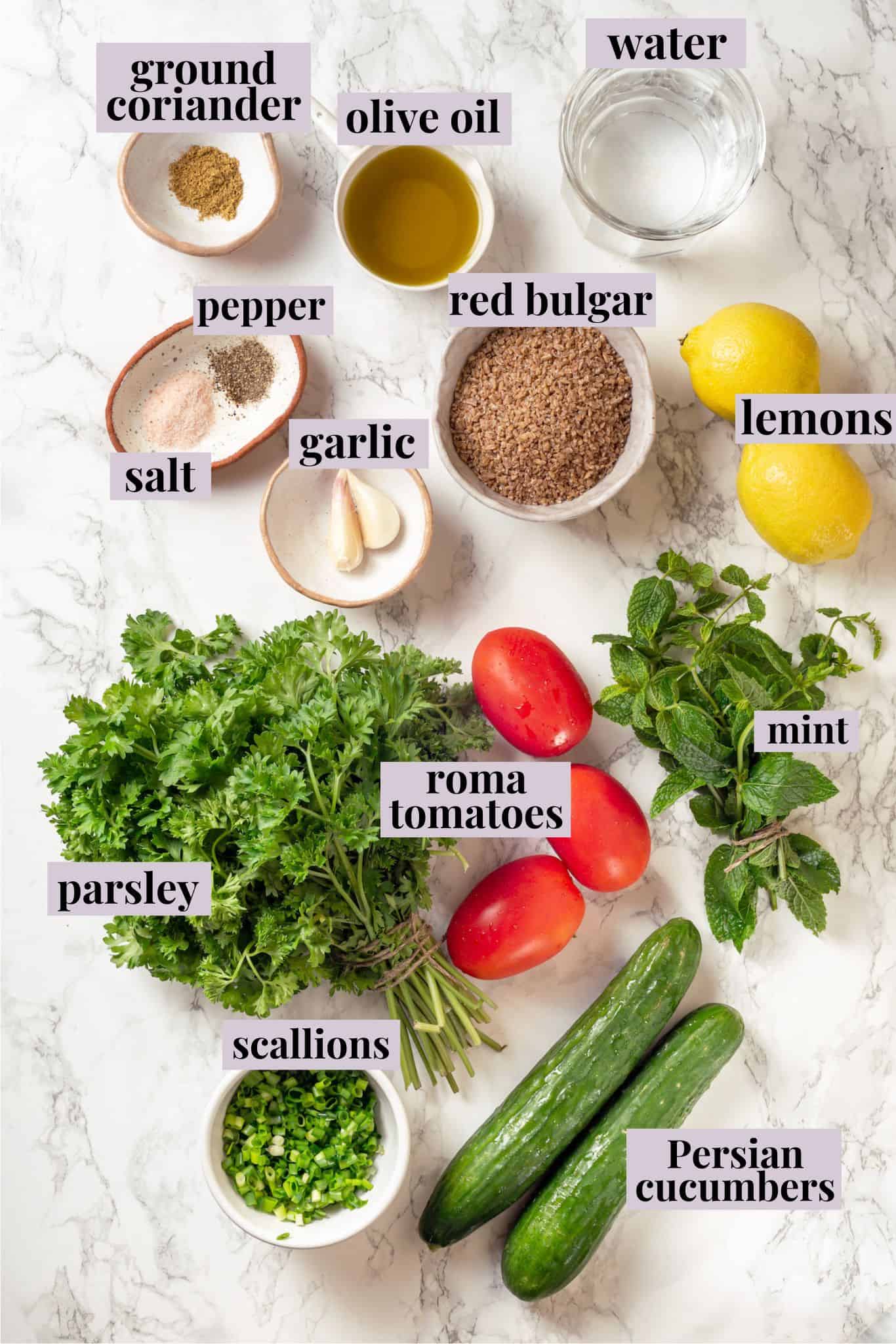 Overhead view of ingredients for tabbouleh with labels