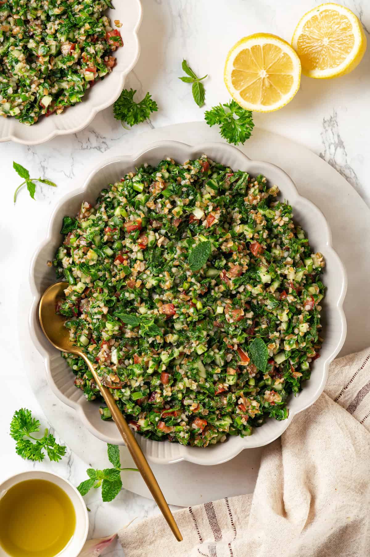 Overhead view of tabbouleh in serving bowl