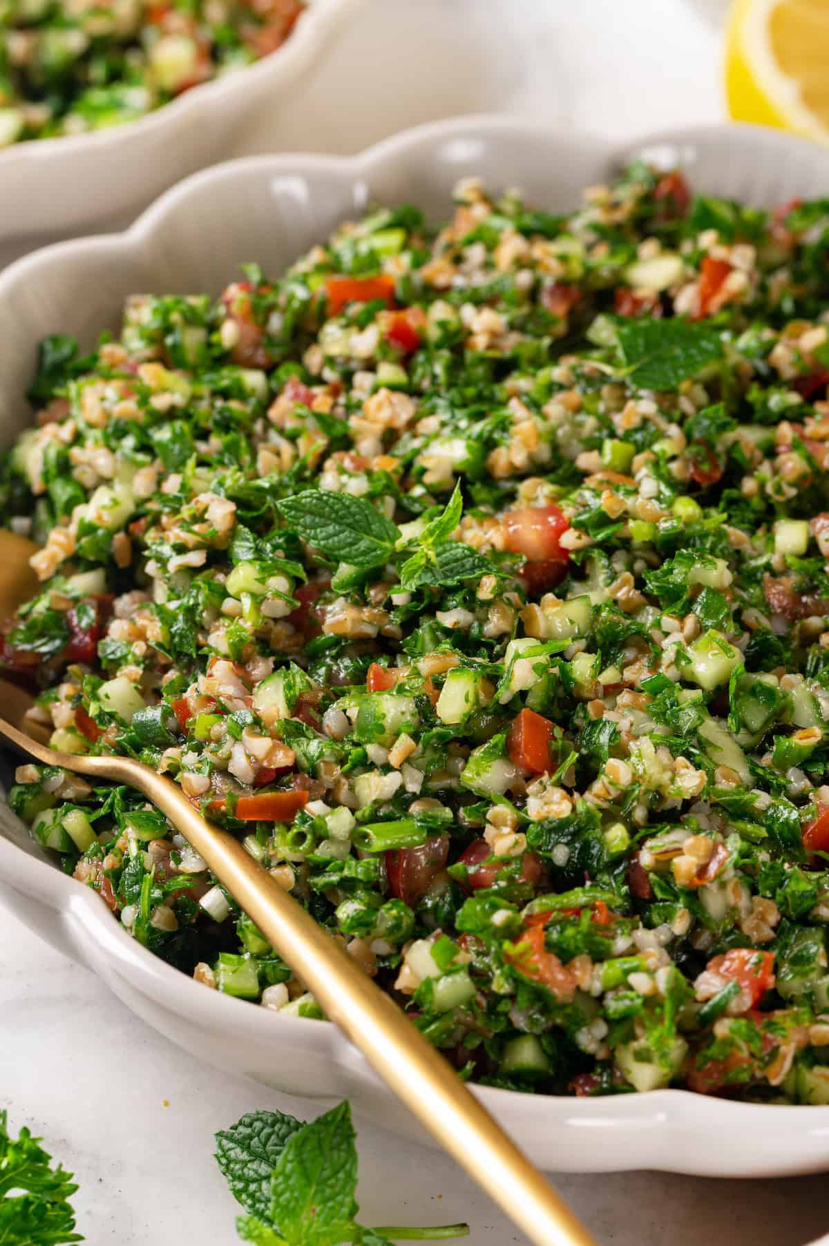 Bowl of tabbouleh with spoon