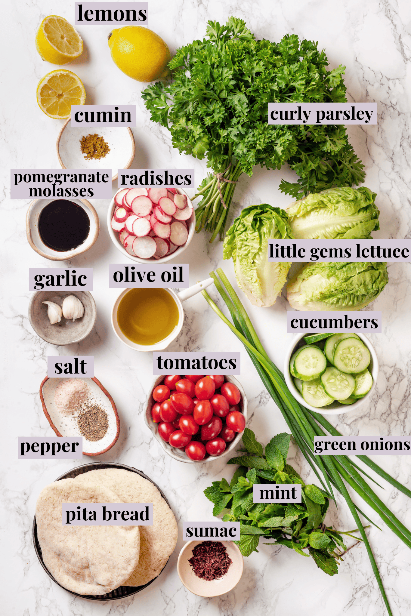 Overhead view of ingredients for fattoush salad with labels