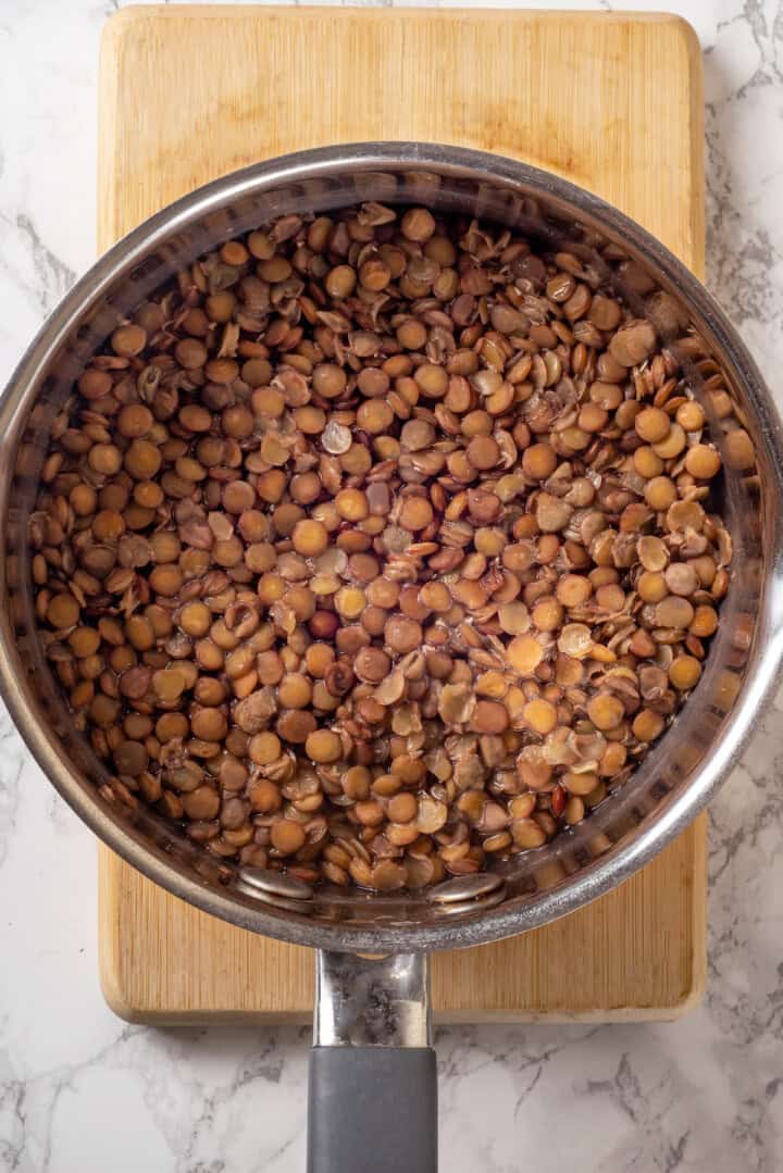 Overhead view of lentils in pot