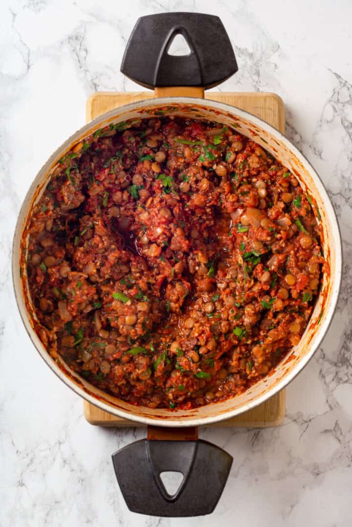 Overhead view of lentil sauce for vegan moussaka