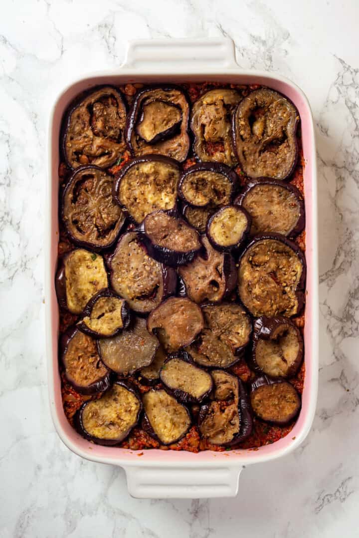 Overhead view of eggplant layer for vegan moussaka