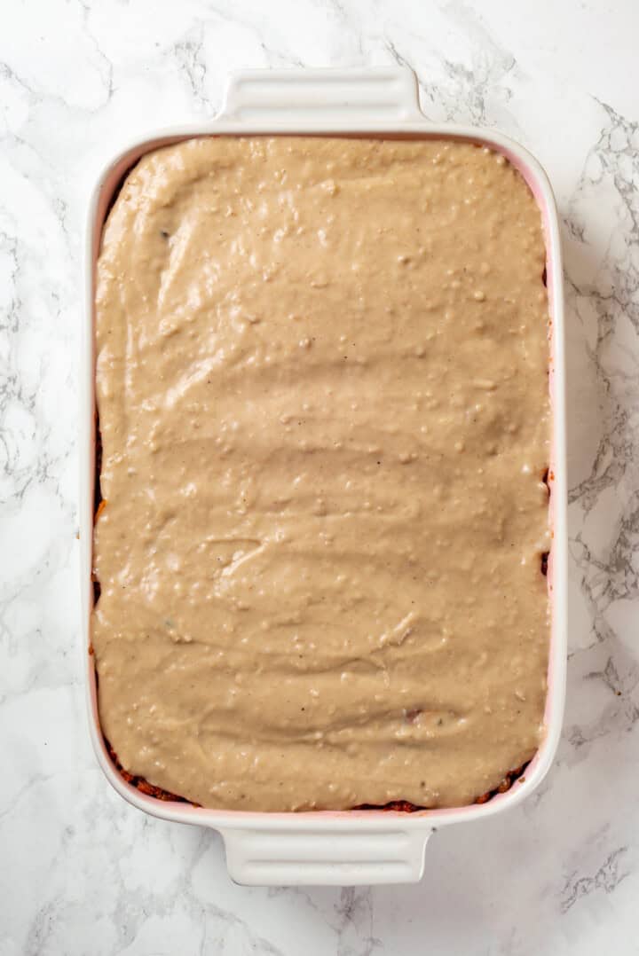 Overhead view of vegan moussaka before baking