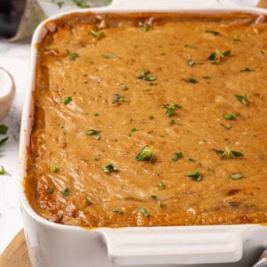 Baking dish of vegan moussaka