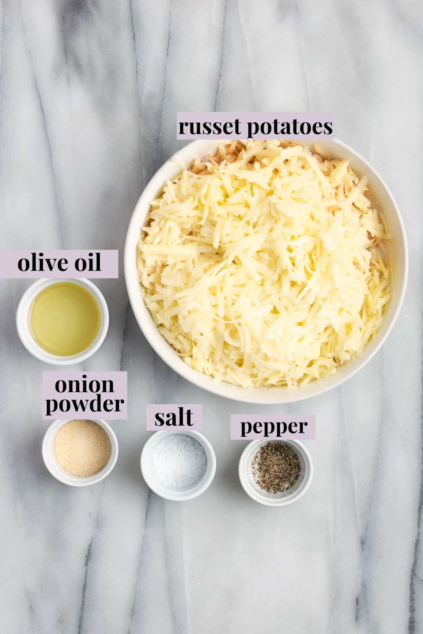 Overhead view of ingredients for hash brown recipe with labels