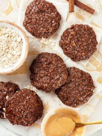 Overhead view of chocolate no bake cookies on parchment paper