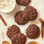 Overhead view of chocolate no bake cookies on parchment paper - 9