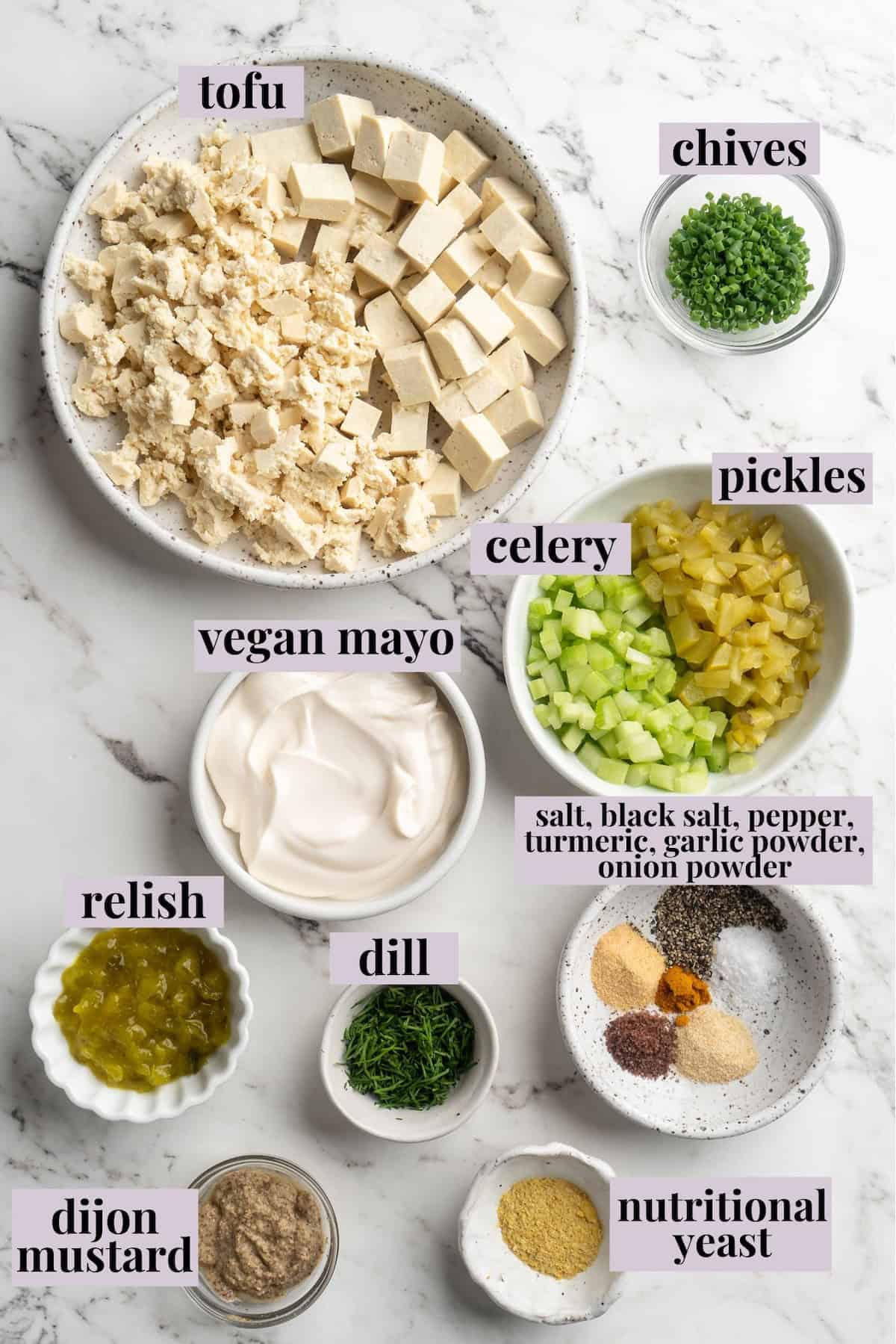 Overhead view of ingredients for tofu egg salad with labels