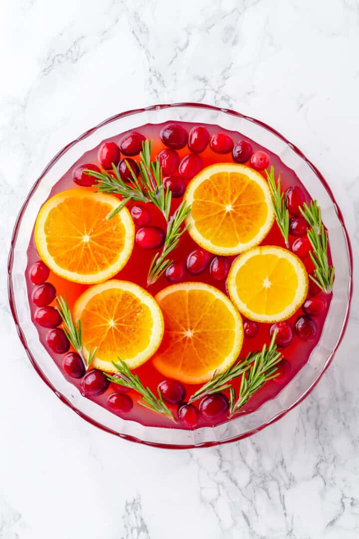 Overhead view of Christmas punch in serving bowl