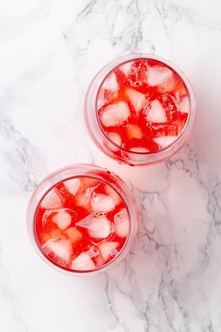 Overhead view of Christmas punch in glasses with ice