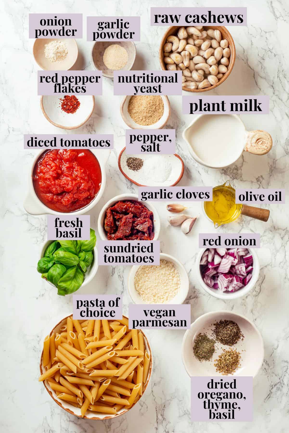 Overhead view of marry me pasta ingredients with labels