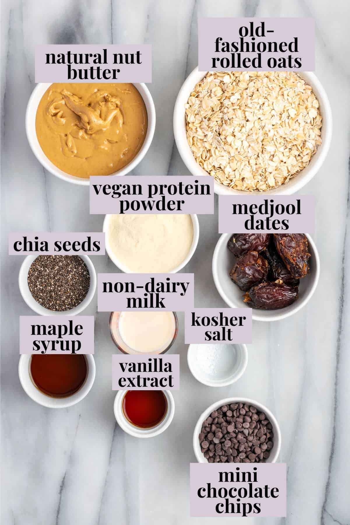 Overhead view of ingredients for protein bars with labels