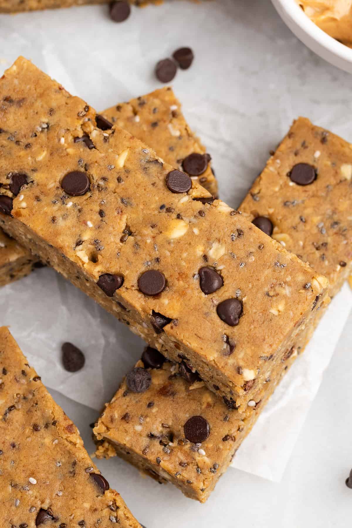 Closeup of protein bars stacked on countertop