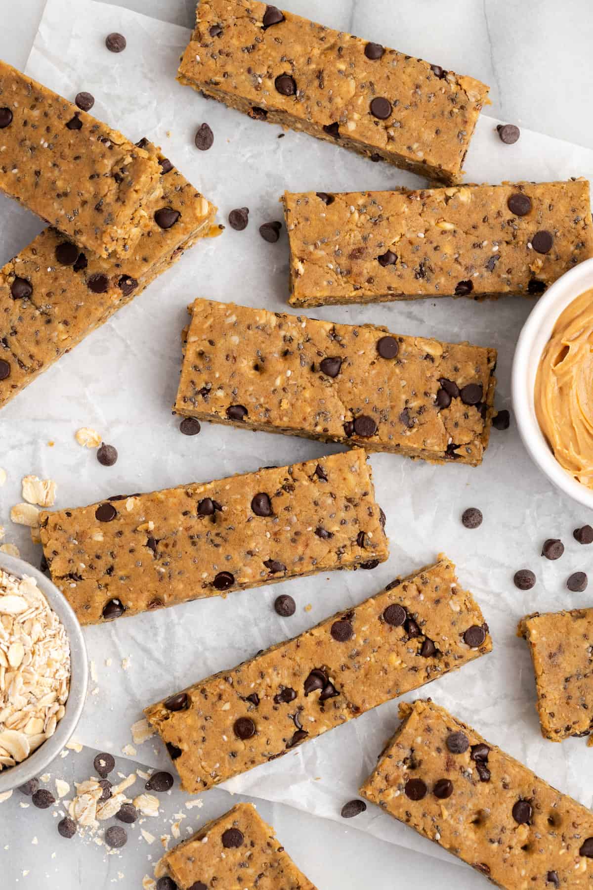 Overhead view of chocolate chip protein bars on parchment paper