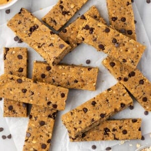 Overhead view of vegan protein bars on parchment paper