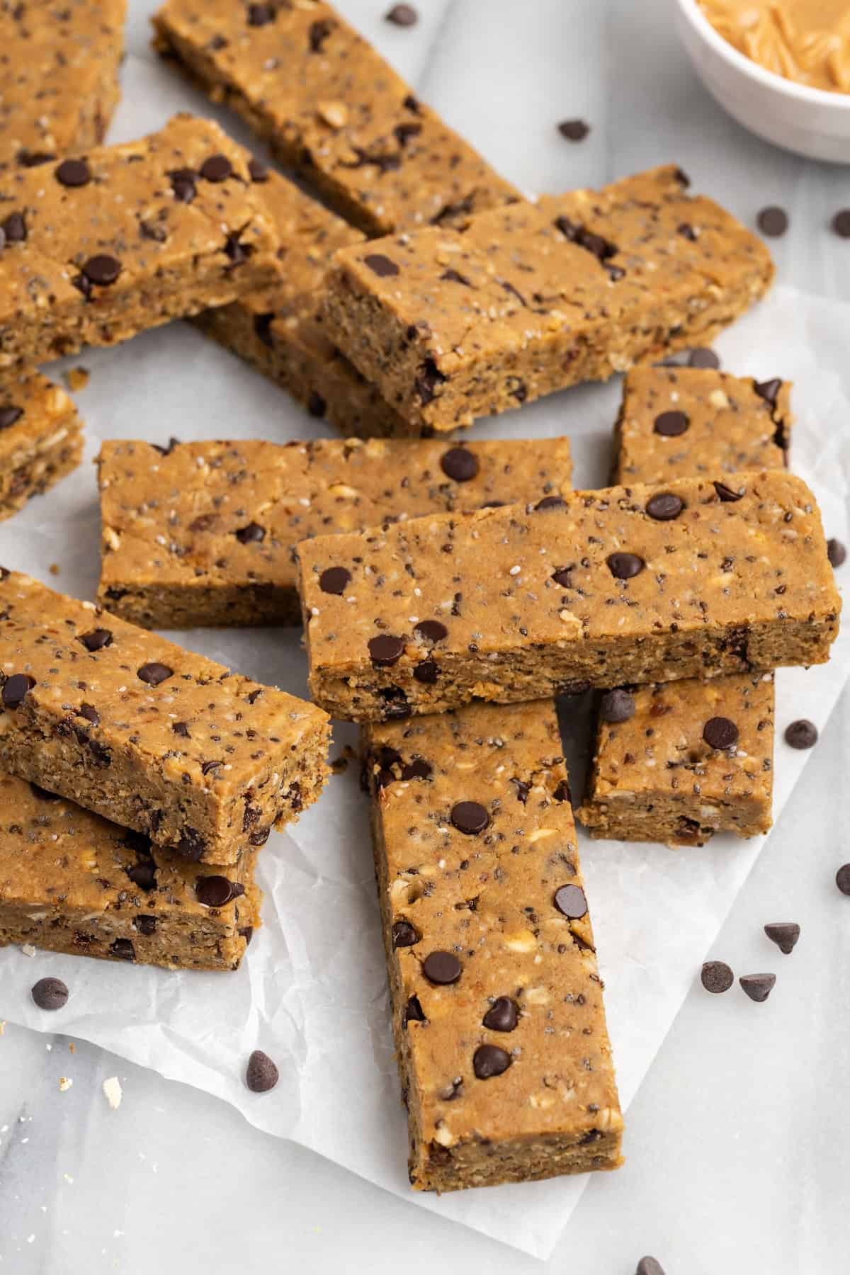 Pile of vegan protein bars on parchment paper