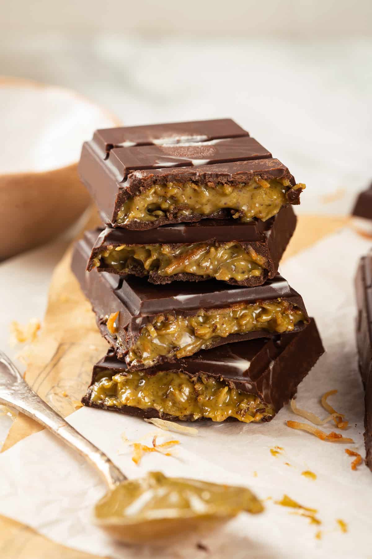 Stack of Dubai chocolate bars with creamy filling