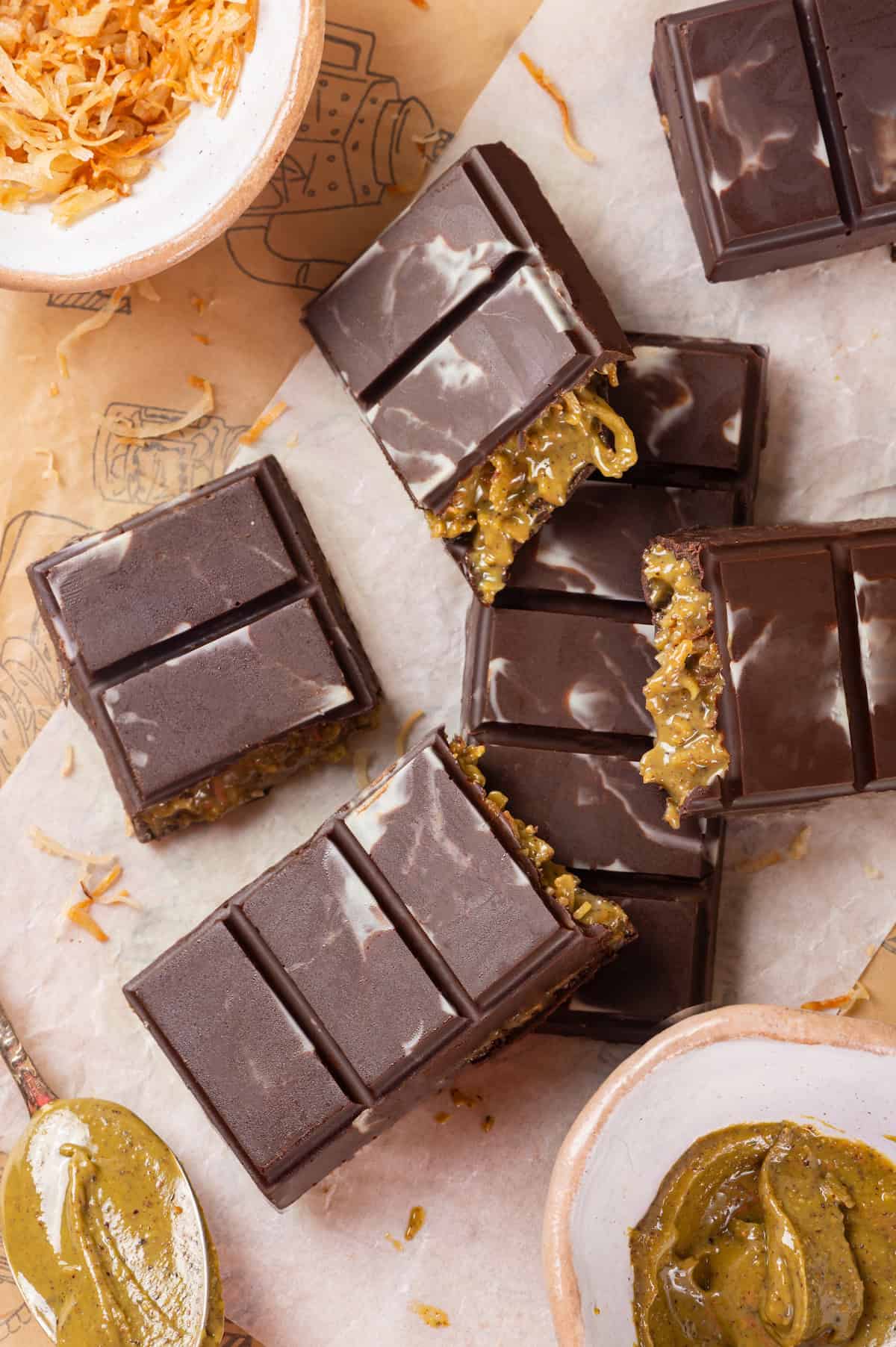 Homemade Dubai chocolate bars on parchment paper