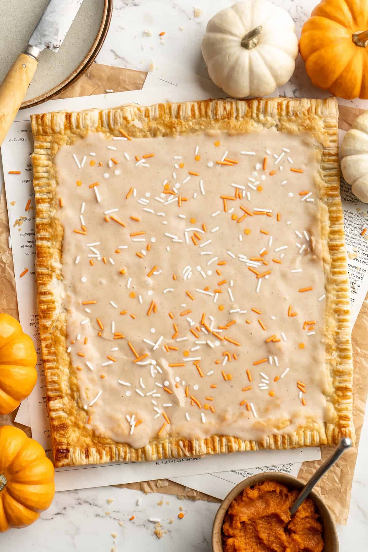 Overhead view of pumpkin pop tart before cutting