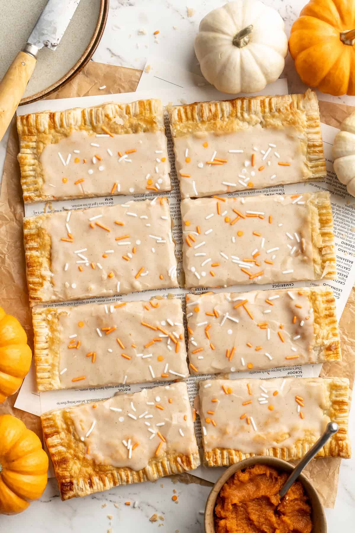 Overhead view of homemade pumpkin pop tarts after cutting