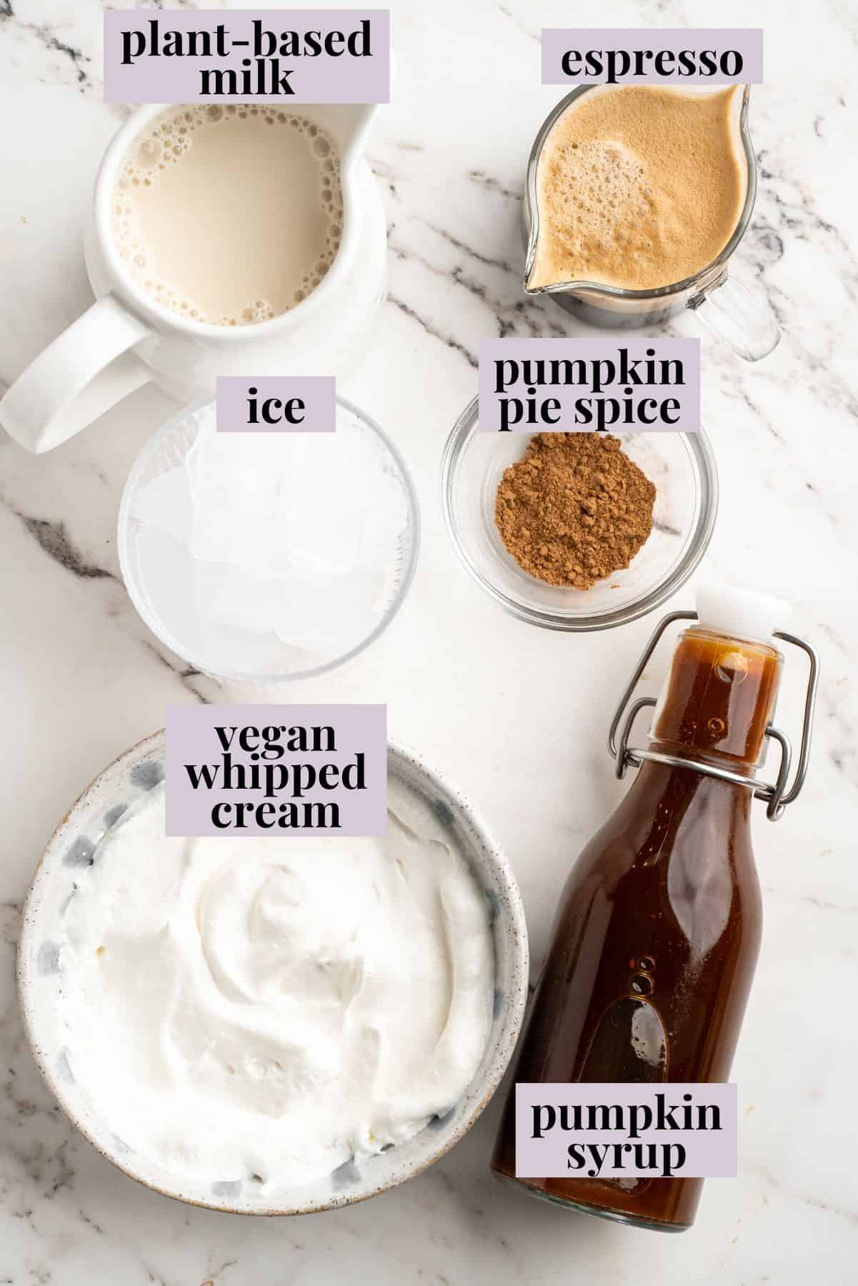 Overhead view of ingredients for vegan pumpkin spice latte