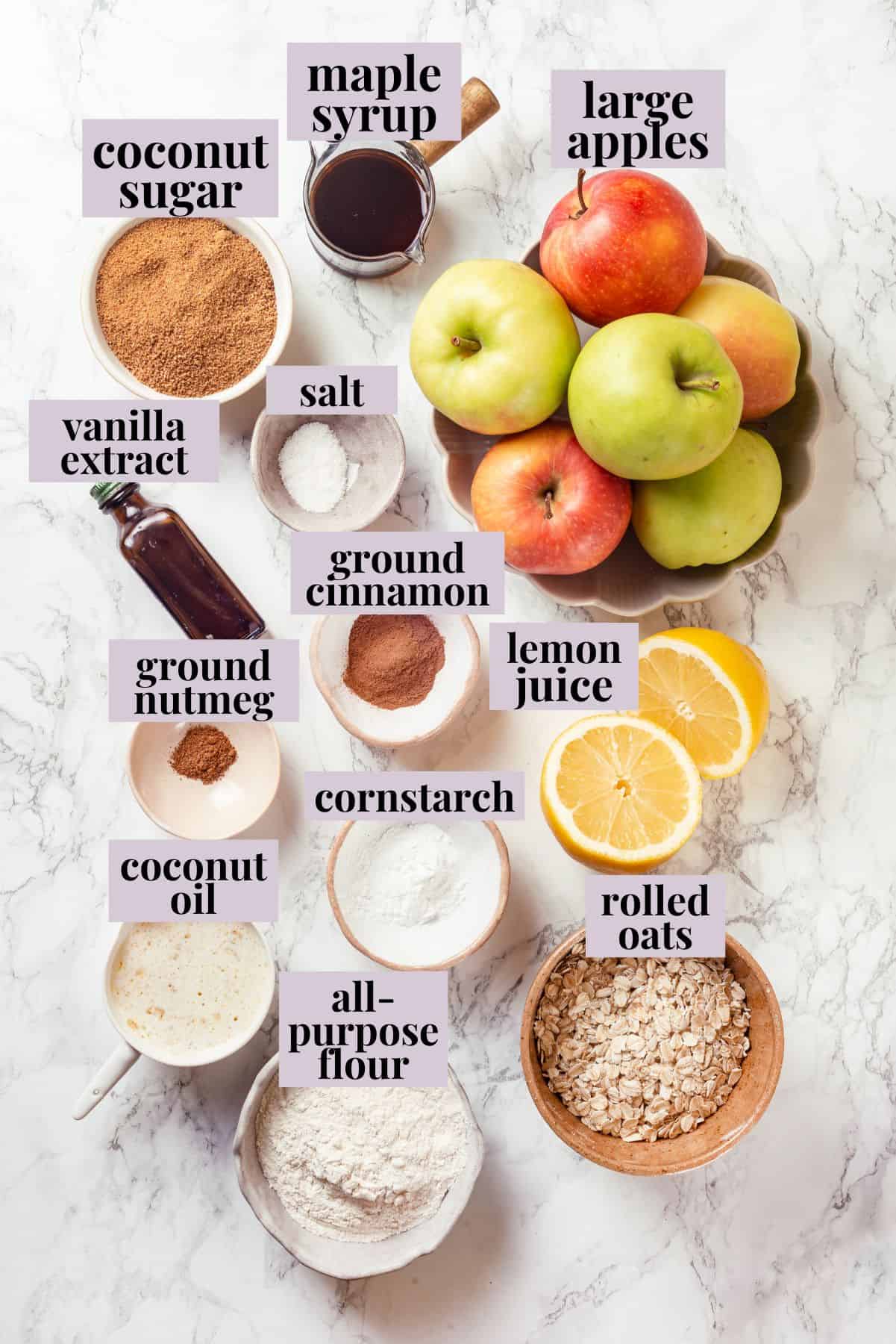 Overhead view of ingredients for apple crisp with labels