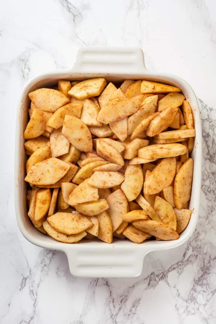 Overhead view of apples in baking dish