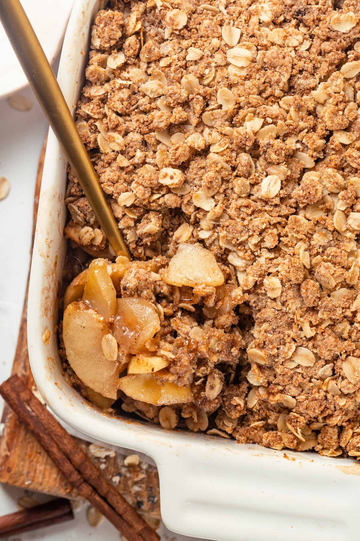 Overhead view of apple crisp in baking dish