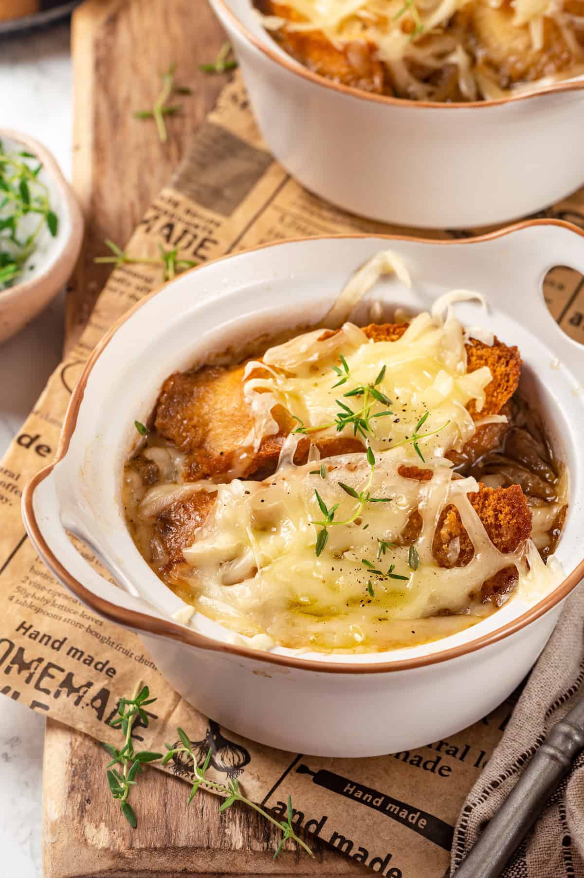 Homemade French onion soup in bowls