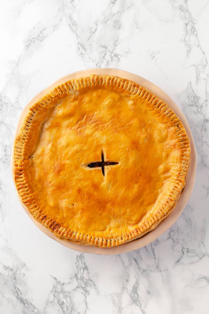 Overhead view of baked tourtière