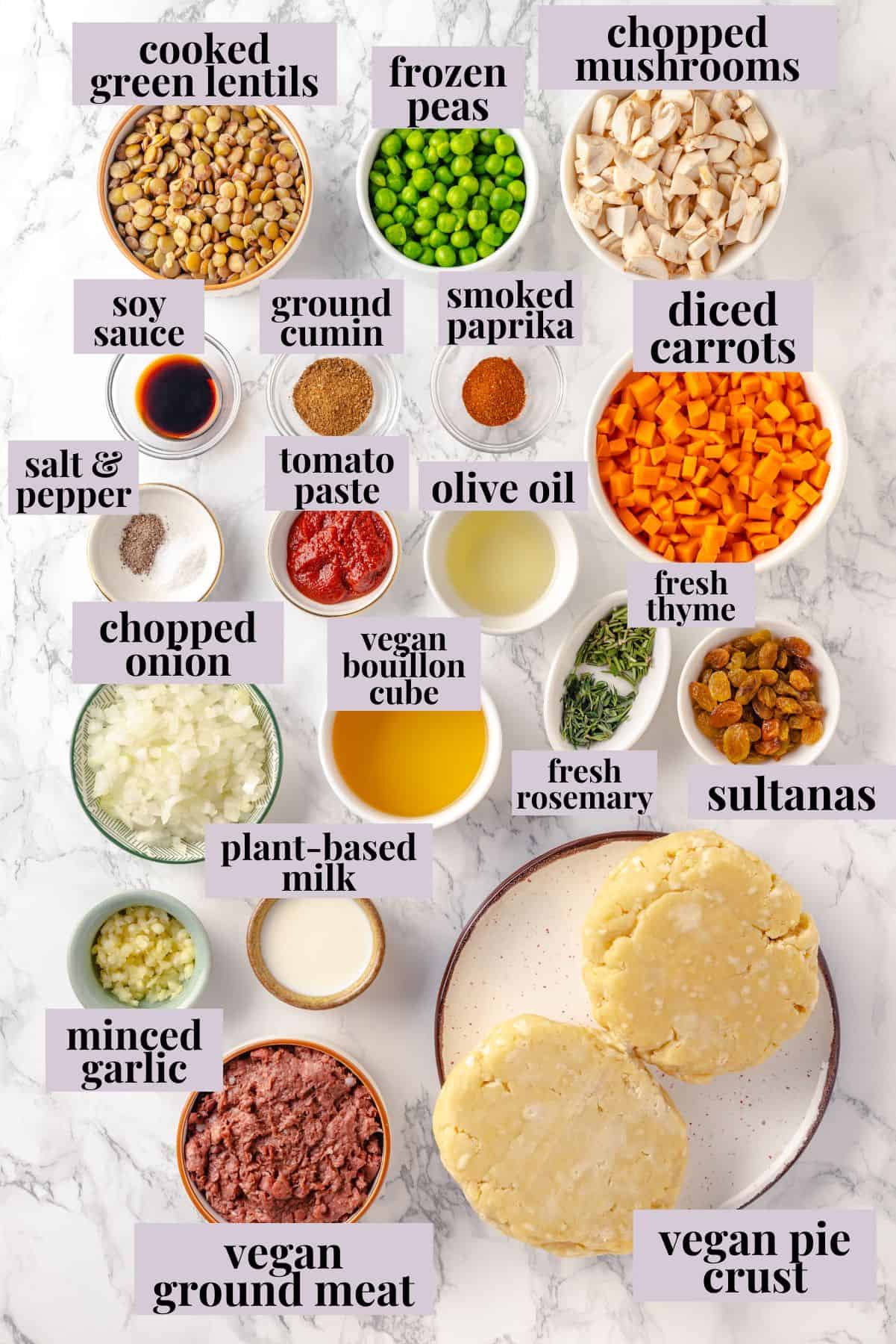 Overhead view of ingredients for tourtière