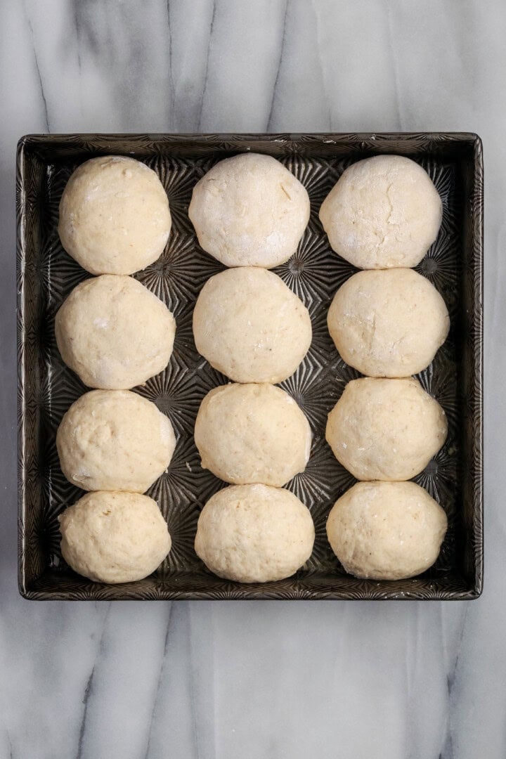 Pan of gluten-free dinner rolls before proofing