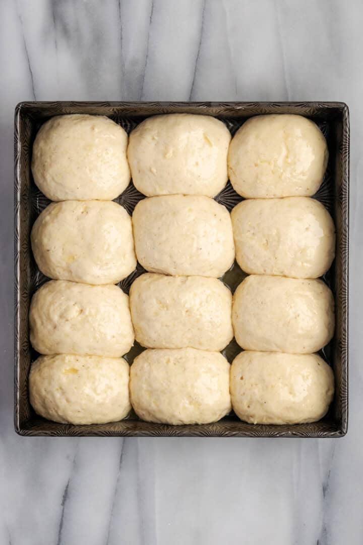 Pan of gluten-free dinner rolls before baking