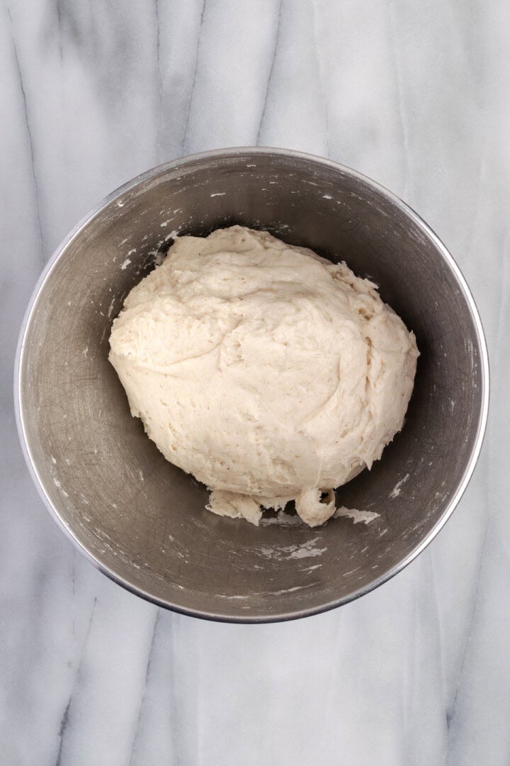 Dough for gluten-free dinner rolls in bowl