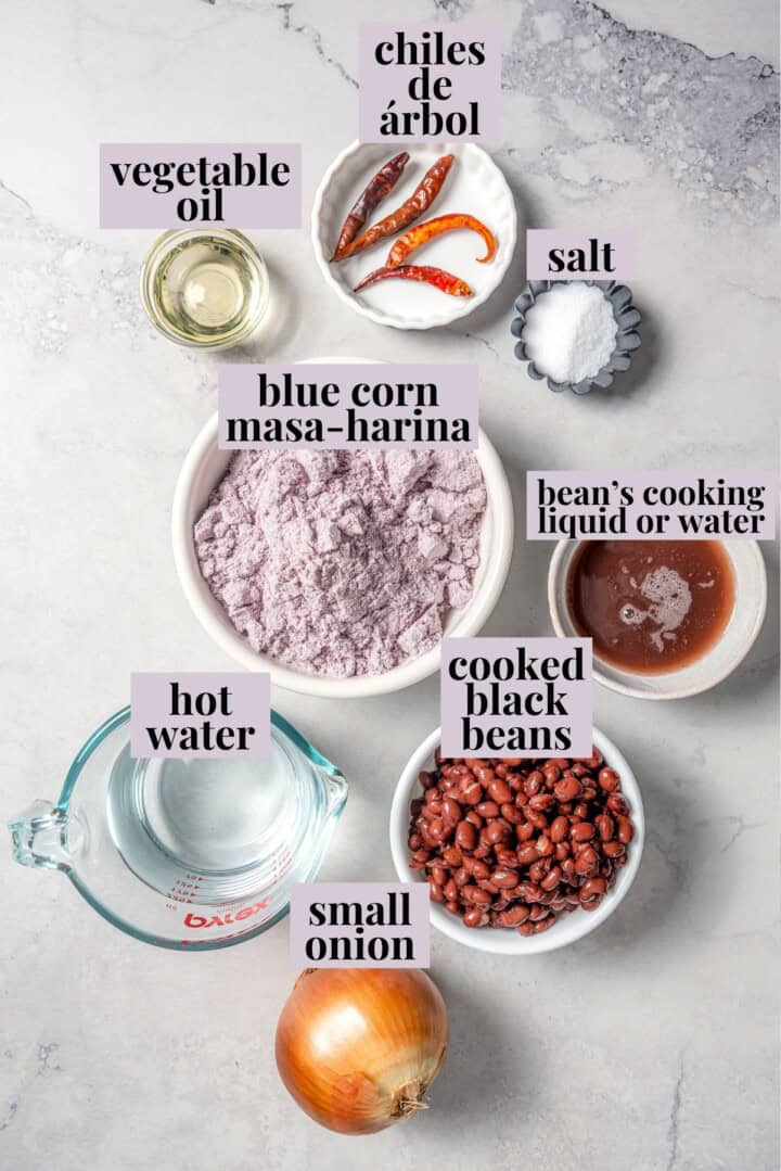 Ingredients for tlacoyos on a marble countertop.