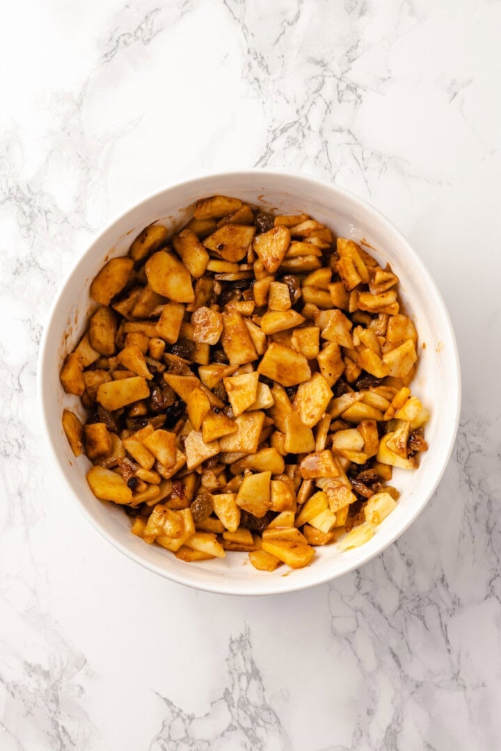 Overhead view of apple filling in bowl