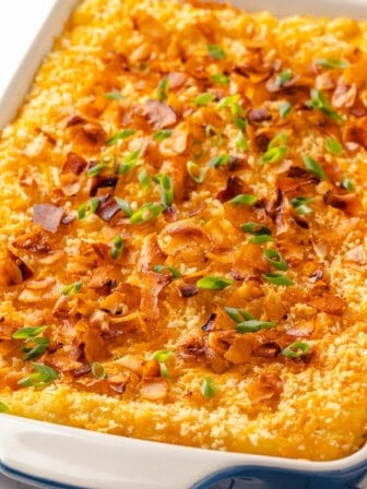 Vegan mashed potato casserole in baking dish